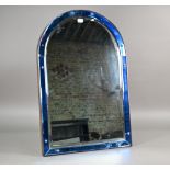 A vintage blue glass banded arch top bevel edged easel strut mirror 41 cm w x 61 cm h