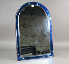 A vintage blue glass banded arch top bevel edged easel strut mirror 41 cm w x 61 cm h