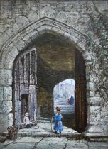 Louise Rayner (1832-1924) - 'Haddon Hall, N Entrance', watercolour, signed, 26 x 19 cm
