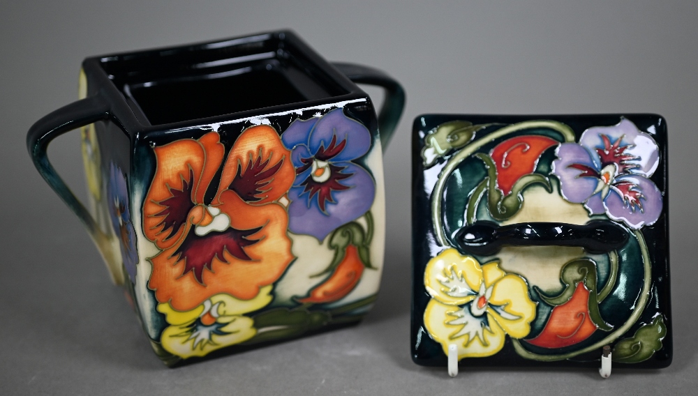 A boxed Moorcroft 'Tangerine Pansy' two-handled box and cover, ltd ed 50/150, by Emma Bossons, 14. - Image 3 of 6