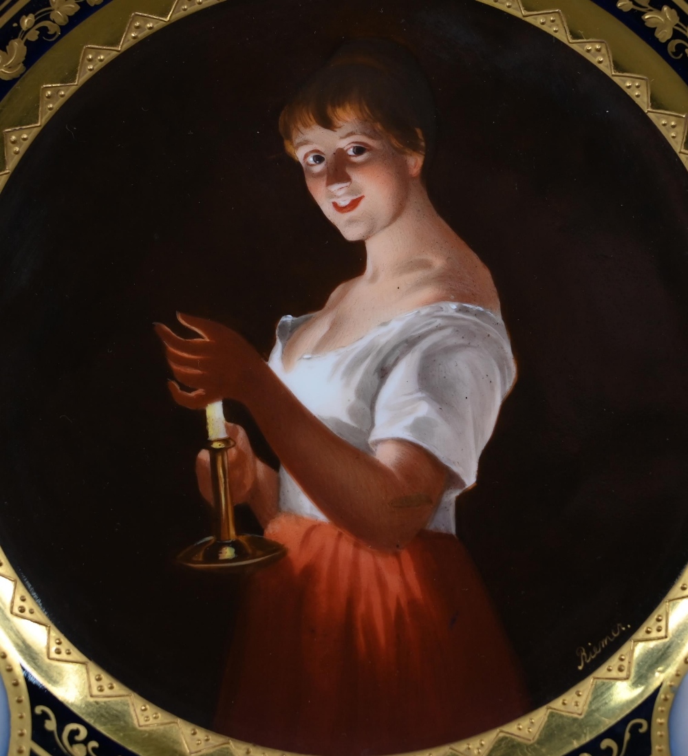 A Vienna porcelain cabinet plate, painted with 'Girl with a Candle' after Georges de la Tour, signed - Image 3 of 6