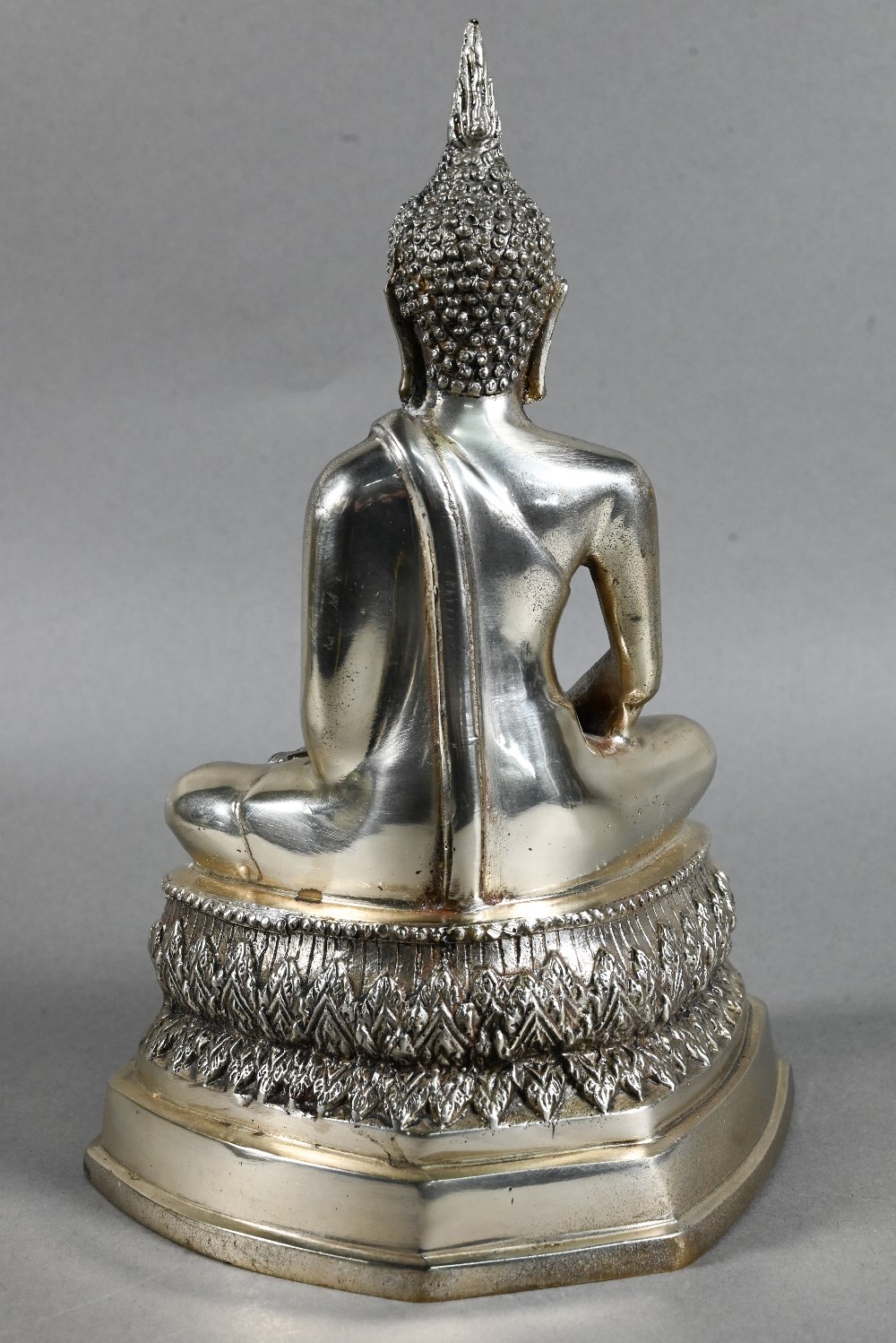 A 20th century silvered base-metal Thai figure of Shakyamuni Buddha with hands in the meditation - Image 4 of 6