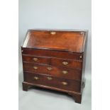 An 18th century oak bureau, the fall enclosing a fitted interior of niches and slide top well over