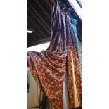 Four long country house curtains in red with stylised pomegranate and leaf decoration, triple