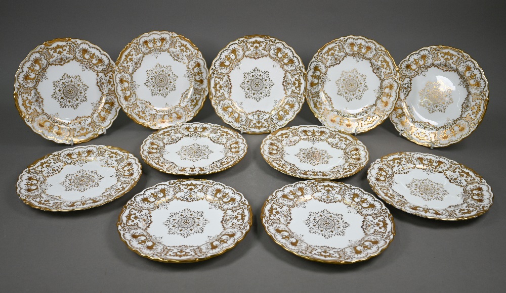 A set of eleven Edwardian Coalport china 22.5 cm plates, finely gilded with cornucopiae, scrolls, - Image 2 of 4