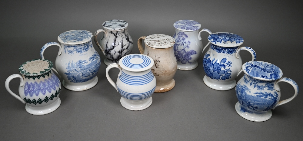 Eight 19th century pottery treacle jars with screw tops, four with blue and white transfer-printed - Image 2 of 8