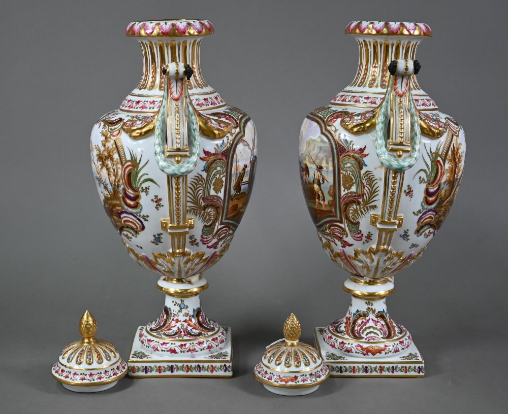 A pair of 19th century French porcelain vases, the domed covers with fir-cone finials, the twin - Image 8 of 10