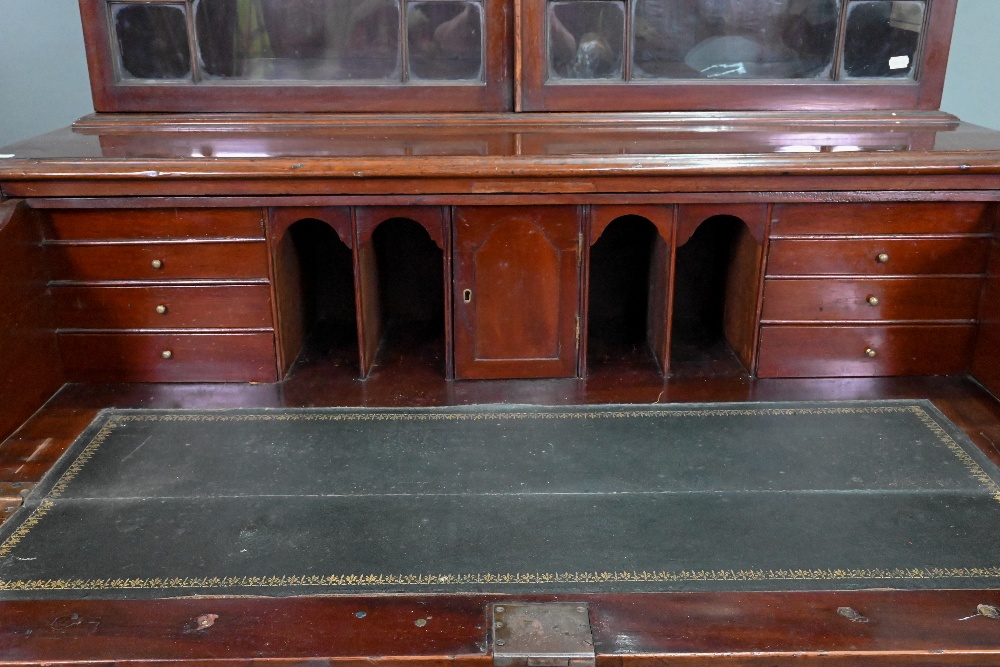 A George III mahogany secretaire bookcase, the dentil moulded cornice over a pair of astragal glazed - Image 4 of 8