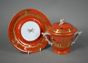 A Tiffany 'Private Stock' china two-handled cup and cover on stand, hand-decorated with gilded