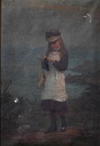 Victorian school - Young girl knitting on a headland, oil on canvas, 66 x 44 cm a/f