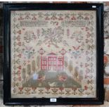 A George IV demi-point and crossstitch sampler, worked with religious verse, above a parrot in a