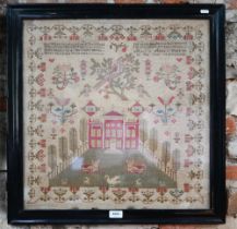 A George IV demi-point and crossstitch sampler, worked with religious verse, above a parrot in a