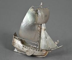 A miniature silver sailing vessel in full sail, Adolph Barsach Davis, London import 1928, 8cm