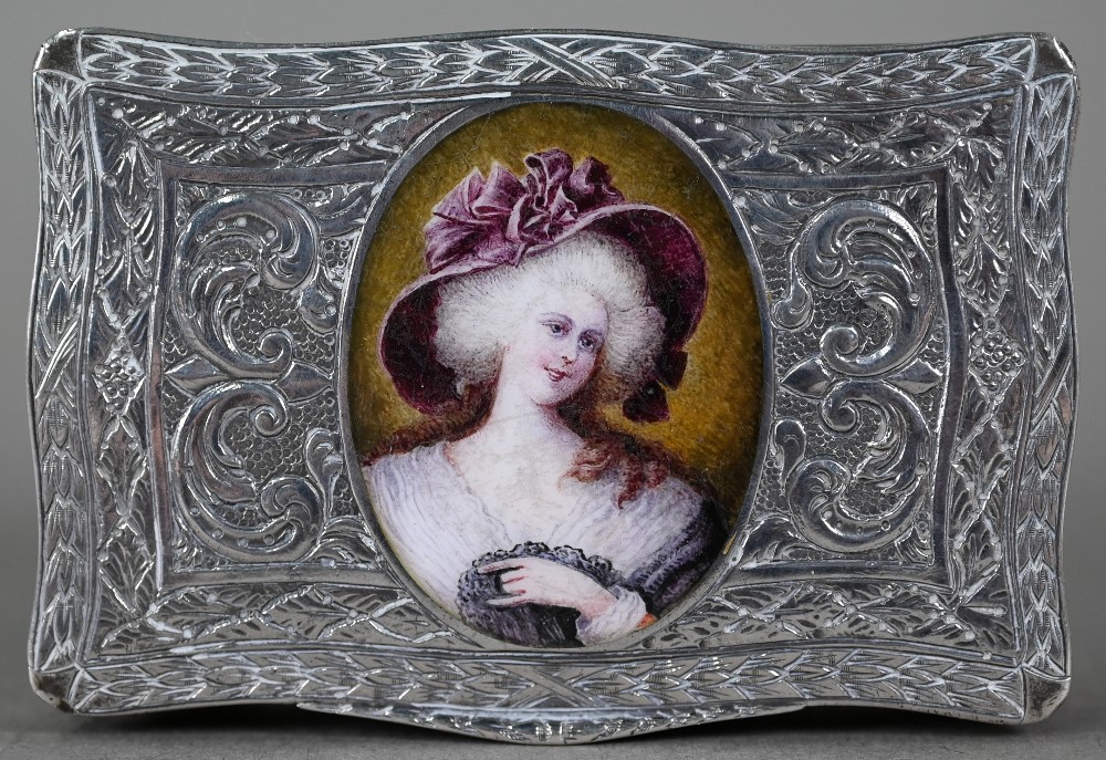 A late 19th Century German .800 grade silver snuff box, the hinged cover with enamelled oval - Image 2 of 4