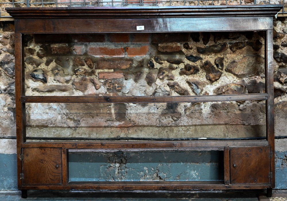 An antique oak delft rack, with two small cupboard doors and open back, 143 cm w x 14 cm x 102 cm h