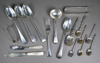 Four George III silver tablespoons and a table fork, to/w a Victorian sauce ladle, a pair of sugar