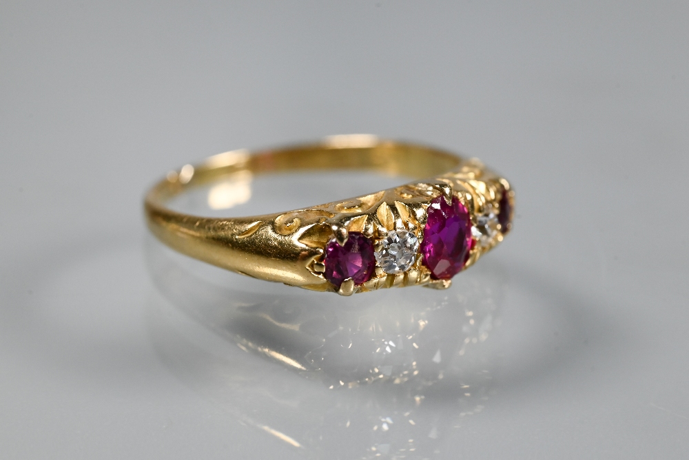 An antique five stone ruby and diamond ring, the graduated stones in 18ct yellow gold setting, - Image 2 of 3