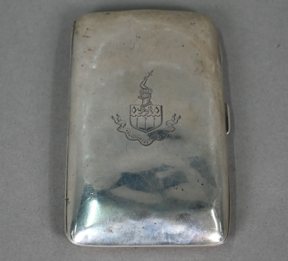 An Edwardian silver hip-pocket cheroot case with engraved family arms and motto, John Millward - Image 2 of 5