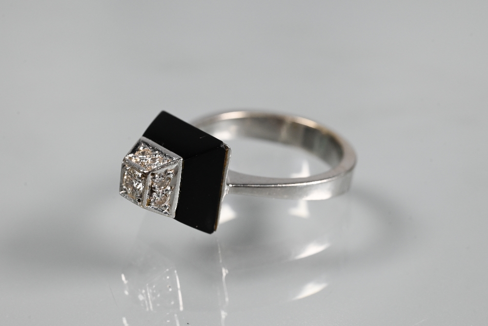 An Art Deco style diamond and onyx ring of geometric form, unmarked white metal set, size K 1/2 - Image 2 of 5