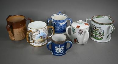 A W H Goss china large three-handled wassailing cup and cover, printed with The Trusty Servant,