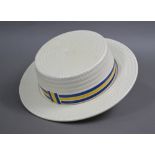 The 'Cheese Boater', a 1930s earthenware cheese dish and cover modelled as a boater hat with a