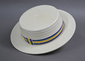 The 'Cheese Boater', a 1930s earthenware cheese dish and cover modelled as a boater hat with a