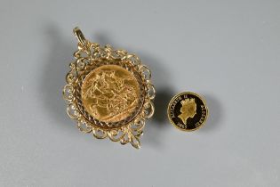 A George V gold sovereign dated 1913 in 9ct yellow gold scroll pendant mount to/w one pound 'Nelson'