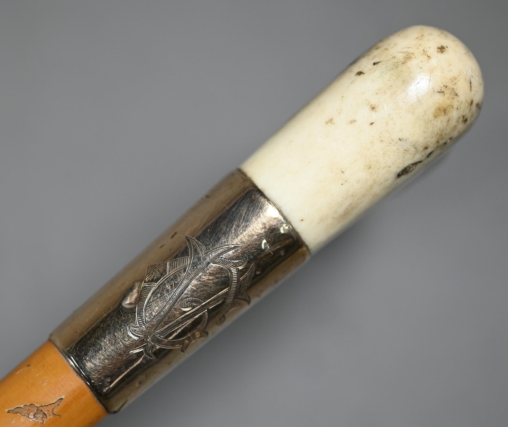 Two malacca riding crops with antler handles, one with 9ct gold band, Julius Klinkhardt, London - Image 2 of 4