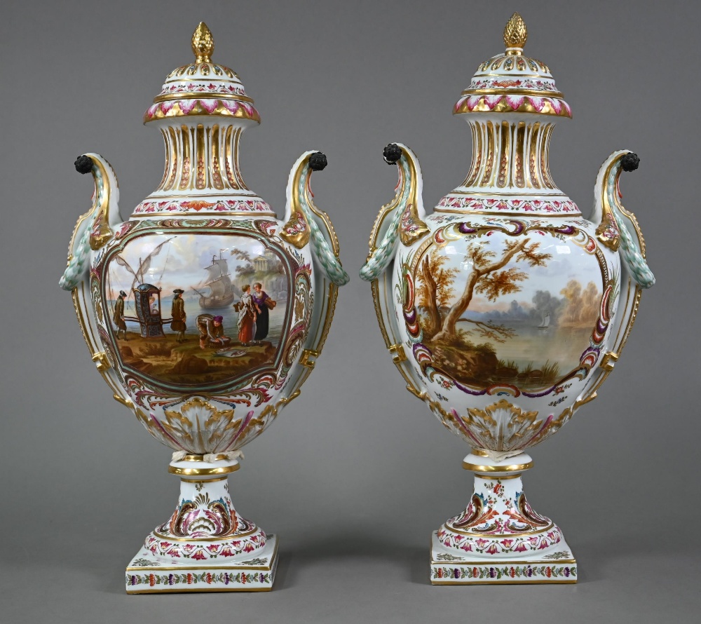A pair of 19th century French porcelain vases, the domed covers with fir-cone finials, the twin - Image 5 of 10