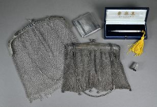 A silver mesh evening bag, London import 1913, to/w a Portuguese .833 standard example; lot also
