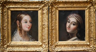 Two 19th century portrait studies of young ladies, one with ringlets, the other with striped