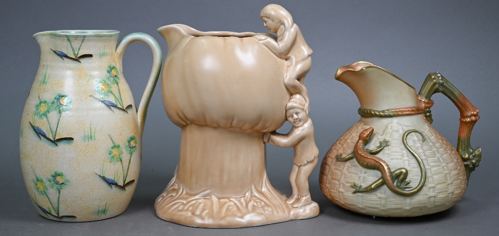 An Edwardian Royal Worcester blush-ground jug moulded with basket-work and mounted with a gilt - Image 2 of 4