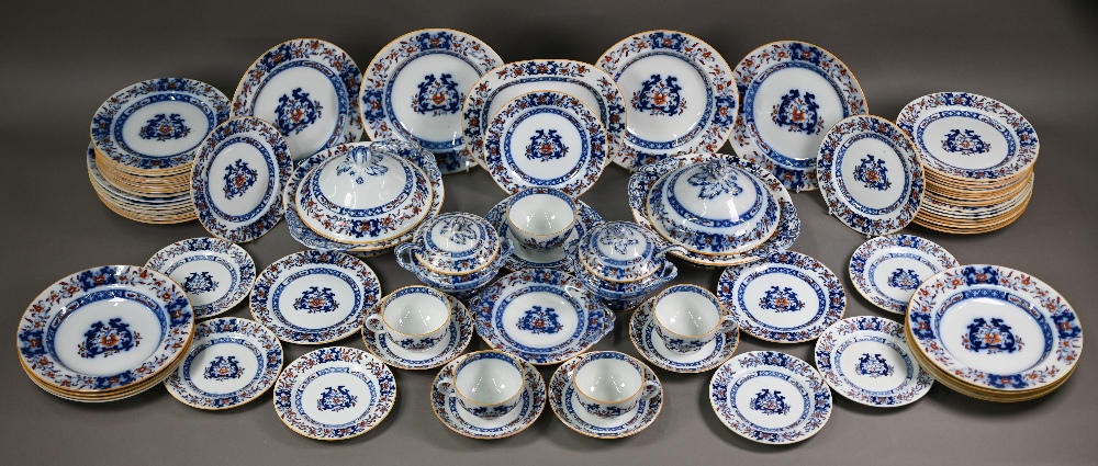 A late Victorian Minton pottery dinner service, printed and painted with blue and iron-red floral - Image 3 of 11