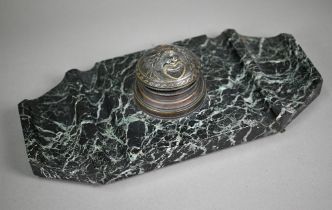 An antique veined marble inkstand centred by a cast brass circular hinge top inkwell (without liner)