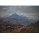 John Nesbitt - 'Road between Laml...Brodick', a highland landscape with shepherd and his flock,