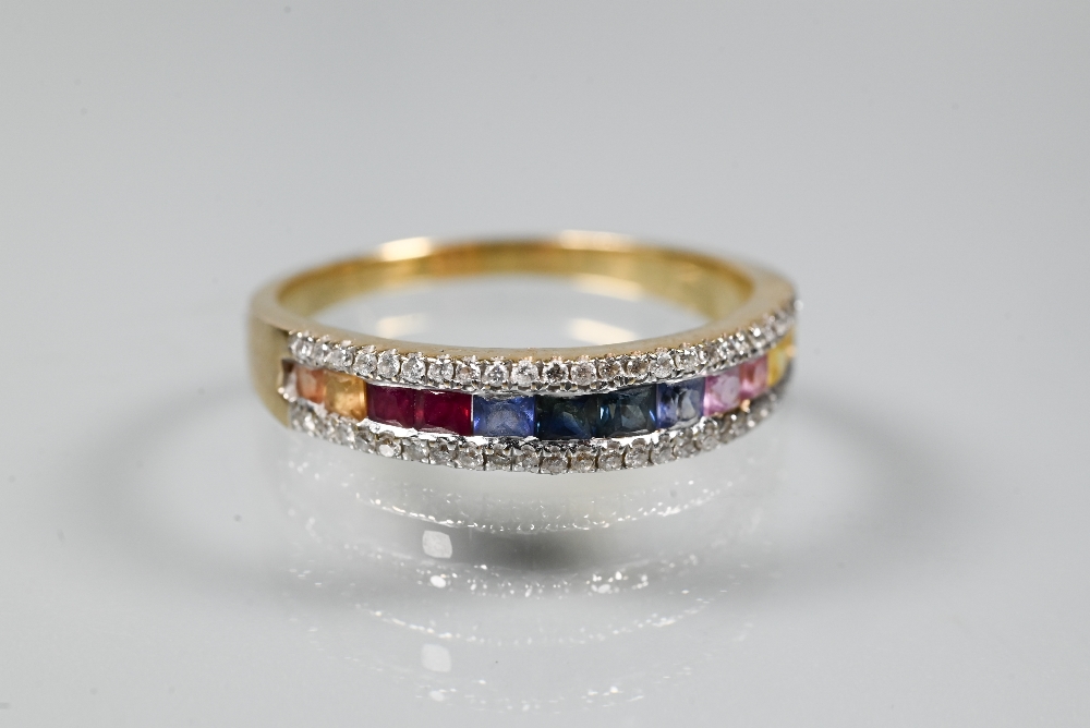 Five various rings, three set blue topaz, one channel set with coloured sapphires, one dark blue - Image 9 of 11