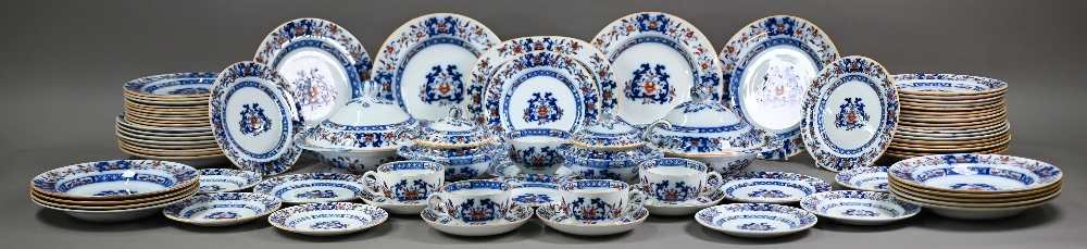 A late Victorian Minton pottery dinner service, printed and painted with blue and iron-red floral - Image 8 of 11