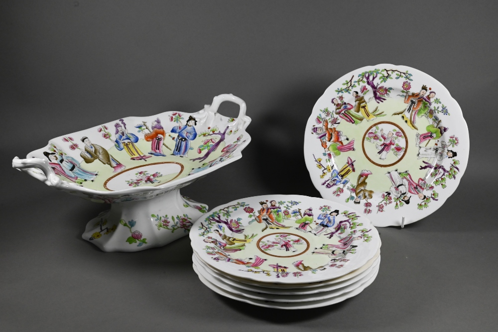 A Spode 7-piece porcelain desert service, enamelled with chinoiserie immortal figures