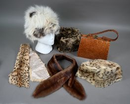 A vintage crocodile leather handbag with single strap handle, three circa 1950s fur hats including