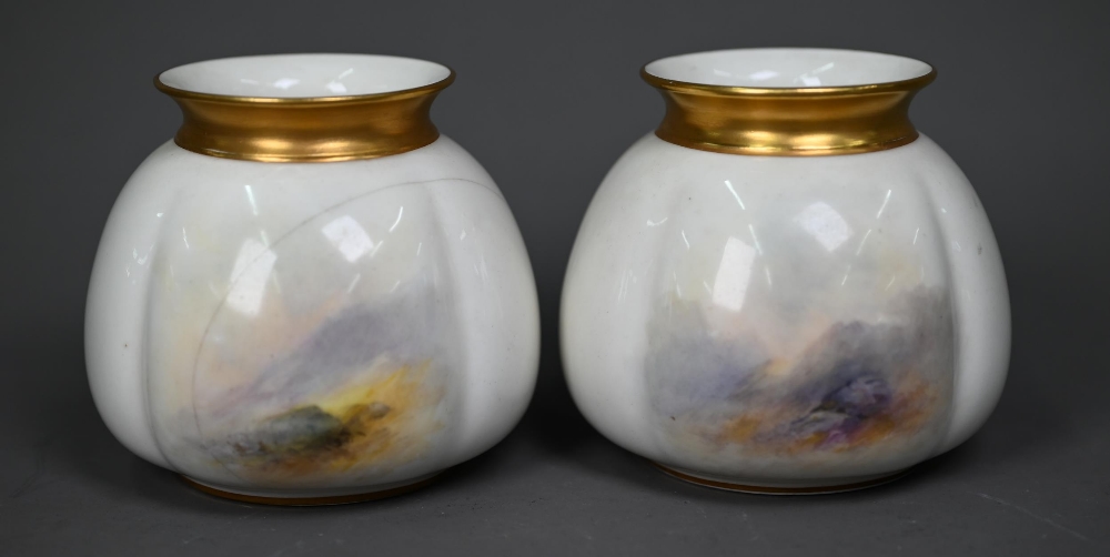 A pair of Royal Worcester vases, with gilded rims, painted with Highland cattle by Harry Stinton, - Image 3 of 10