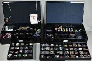 Two boxes various earrings and pendants, mostly stamped 925 and set with simulated gemstones, glass,