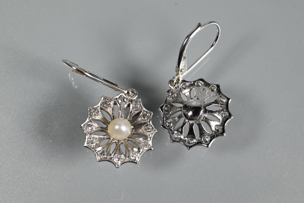 A pair of drop earrings for pierced ears, the open daisy cluster with pearl to the centre and - Image 4 of 4