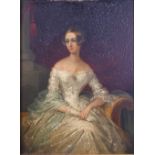 An early 19th Century half- length portrait of a young lady in white off-shoulder dress,