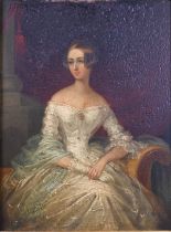 An early 19th Century half- length portrait of a young lady in white off-shoulder dress,