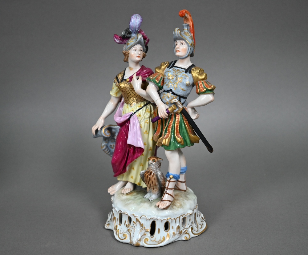 A Dresden porcelain group, Mars with Minerva, an owl at her feet, 23 cm high (Mars' hand repaired)