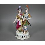 A Dresden porcelain group, Mars with Minerva, an owl at her feet, 23 cm high (Mars' hand repaired)