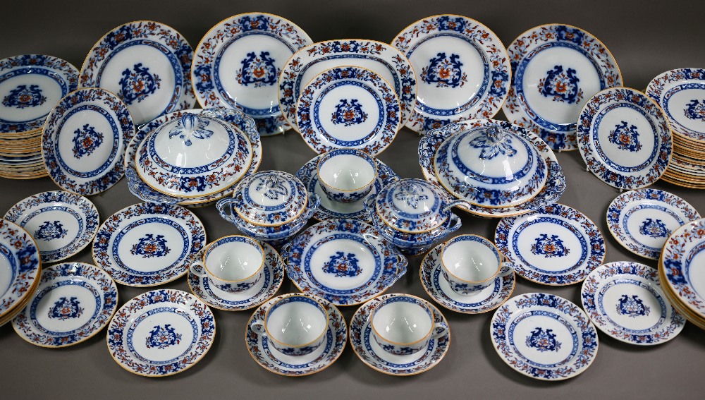 A late Victorian Minton pottery dinner service, printed and painted with blue and iron-red floral - Image 4 of 11