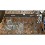 A quantity of cut and other drinking glasses, decanters etc (2 boxes)