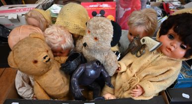 Seven various post-war dolls and two teddy-bears to/w various other soft toys and a boxed Mickey