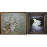 Elizabeth Macfarlane - Swan reflection, print, 59 x 49 cm to/w 'Pale flowers', oil on canvas, signed